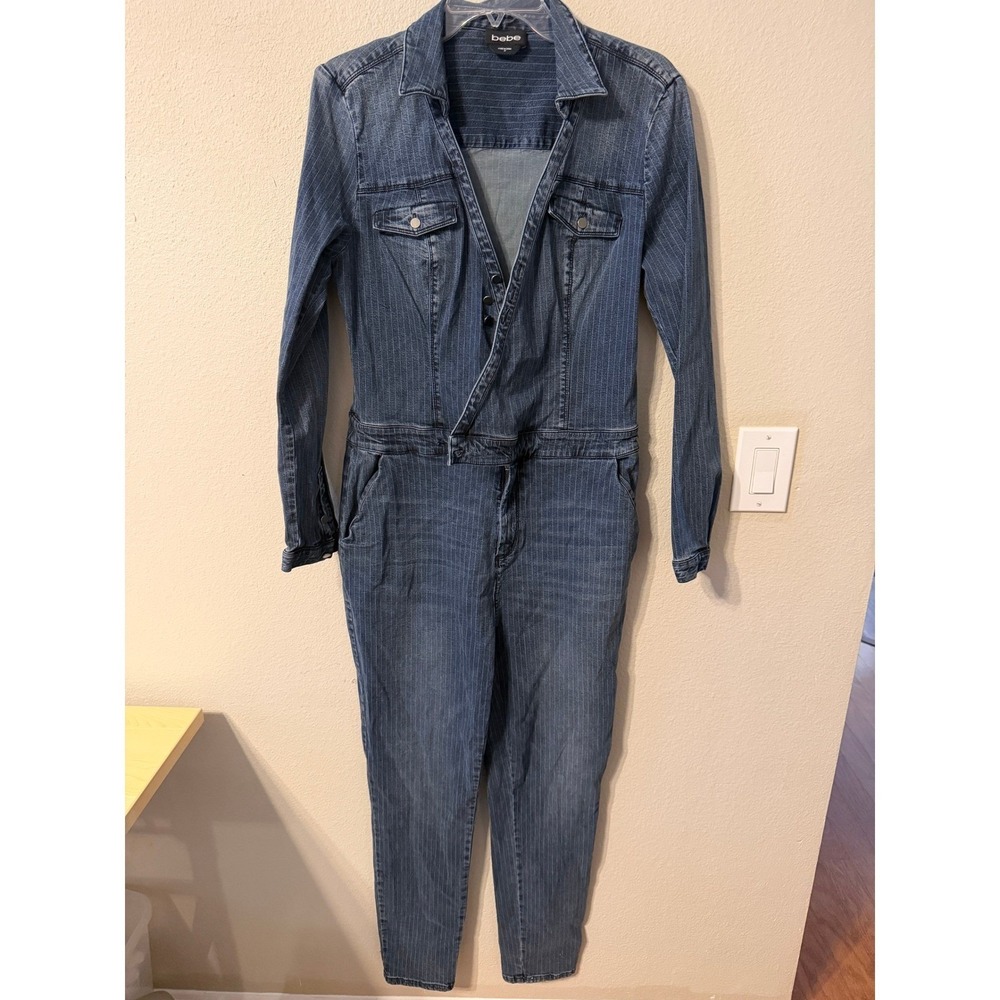 Bebe Womens Denim Pinstripe Long Sleeve Jumpsuit Full Length Tie Waist